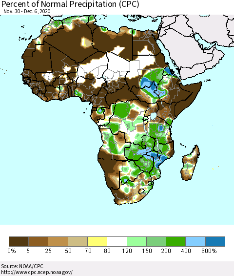 Africa Percent of Normal Precipitation (CPC) Thematic Map For 11/30/2020 - 12/6/2020