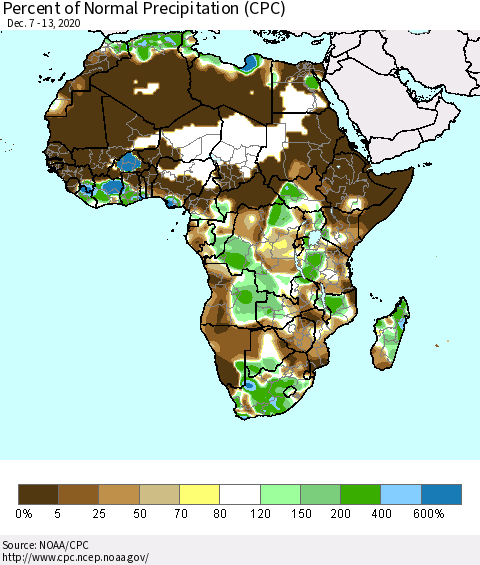 Africa Percent of Normal Precipitation (CPC) Thematic Map For 12/7/2020 - 12/13/2020