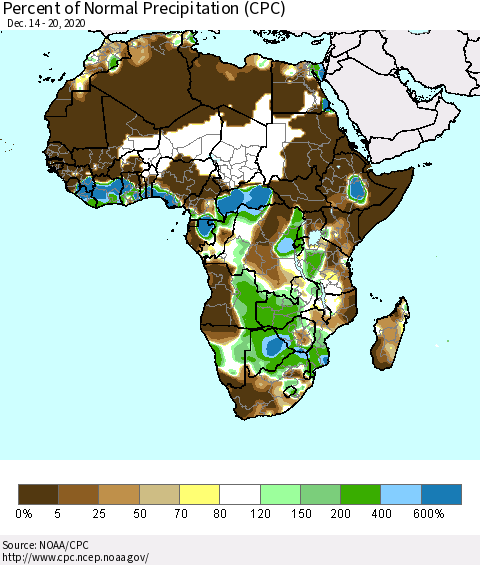 Africa Percent of Normal Precipitation (CPC) Thematic Map For 12/14/2020 - 12/20/2020