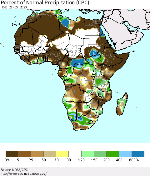 Africa Percent of Normal Precipitation (CPC) Thematic Map For 12/21/2020 - 12/27/2020