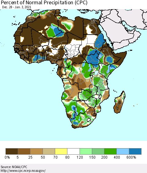 Africa Percent of Normal Precipitation (CPC) Thematic Map For 12/28/2020 - 1/3/2021