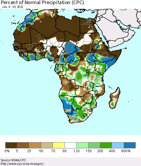 Africa Percent of Normal Precipitation (CPC) Thematic Map For 1/4/2021 - 1/10/2021