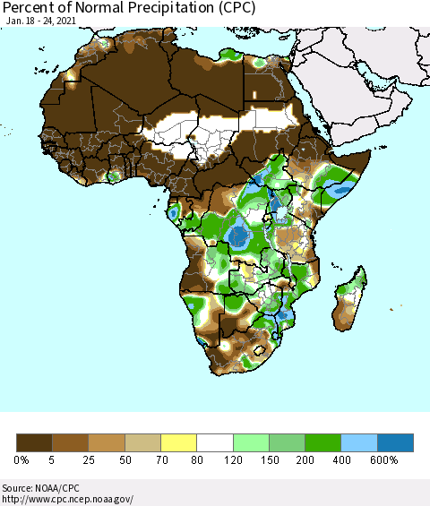Africa Percent of Normal Precipitation (CPC) Thematic Map For 1/18/2021 - 1/24/2021