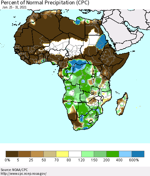 Africa Percent of Normal Precipitation (CPC) Thematic Map For 1/25/2021 - 1/31/2021