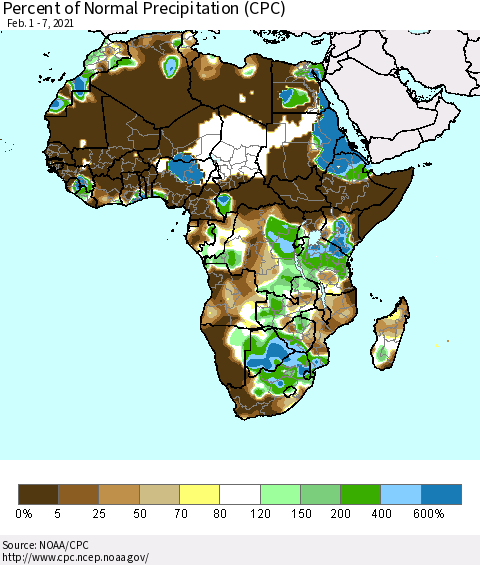 Africa Percent of Normal Precipitation (CPC) Thematic Map For 2/1/2021 - 2/7/2021