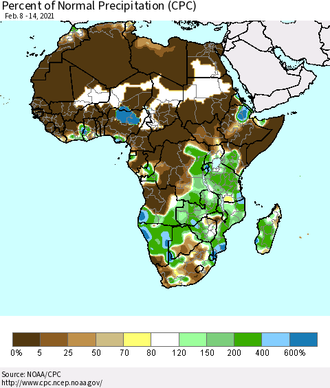 Africa Percent of Normal Precipitation (CPC) Thematic Map For 2/8/2021 - 2/14/2021