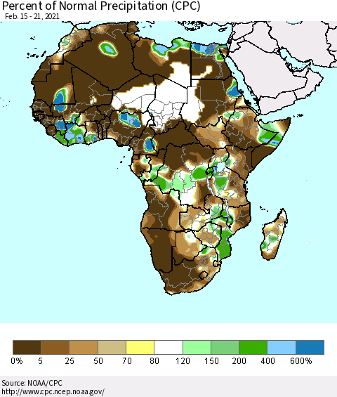 Africa Percent of Normal Precipitation (CPC) Thematic Map For 2/15/2021 - 2/21/2021