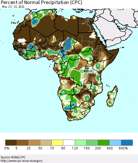 Africa Percent of Normal Precipitation (CPC) Thematic Map For 3/15/2021 - 3/21/2021