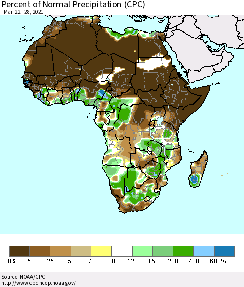 Africa Percent of Normal Precipitation (CPC) Thematic Map For 3/22/2021 - 3/28/2021