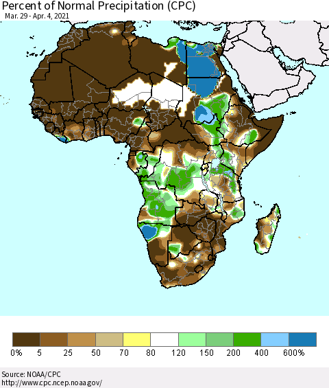 Africa Percent of Normal Precipitation (CPC) Thematic Map For 3/29/2021 - 4/4/2021