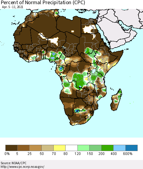 Africa Percent of Normal Precipitation (CPC) Thematic Map For 4/5/2021 - 4/11/2021