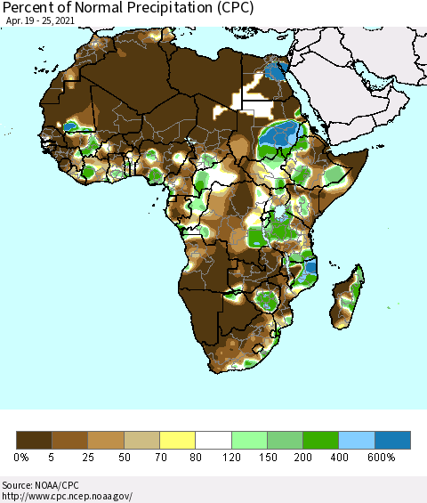 Africa Percent of Normal Precipitation (CPC) Thematic Map For 4/19/2021 - 4/25/2021