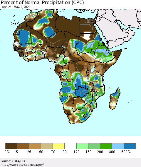 Africa Percent of Normal Precipitation (CPC) Thematic Map For 4/26/2021 - 5/2/2021