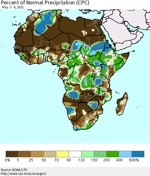 Africa Percent of Normal Precipitation (CPC) Thematic Map For 5/3/2021 - 5/9/2021
