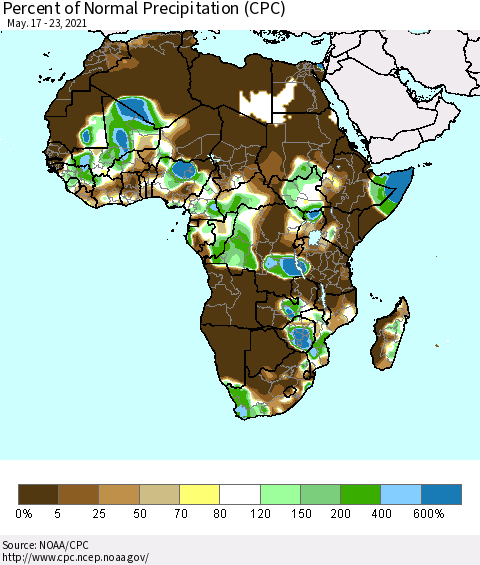 Africa Percent of Normal Precipitation (CPC) Thematic Map For 5/17/2021 - 5/23/2021