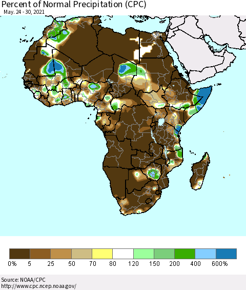 Africa Percent of Normal Precipitation (CPC) Thematic Map For 5/24/2021 - 5/30/2021