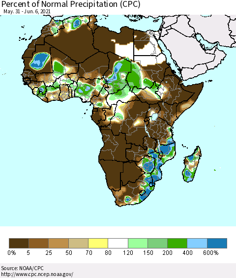Africa Percent of Normal Precipitation (CPC) Thematic Map For 5/31/2021 - 6/6/2021