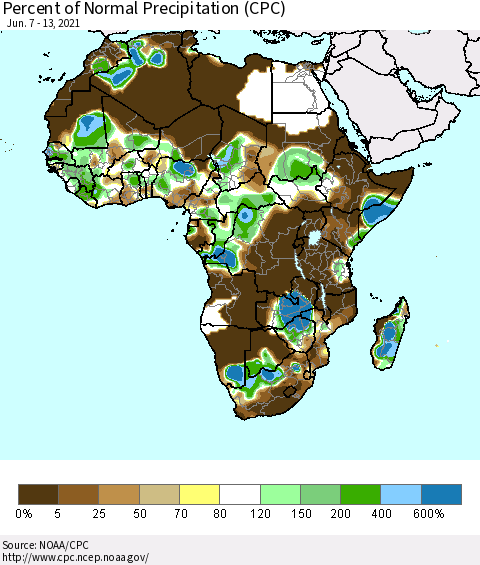 Africa Percent of Normal Precipitation (CPC) Thematic Map For 6/7/2021 - 6/13/2021