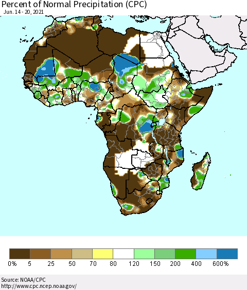 Africa Percent of Normal Precipitation (CPC) Thematic Map For 6/14/2021 - 6/20/2021