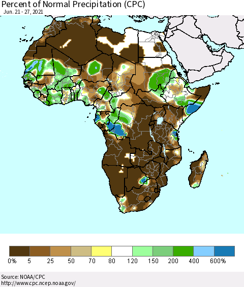 Africa Percent of Normal Precipitation (CPC) Thematic Map For 6/21/2021 - 6/27/2021