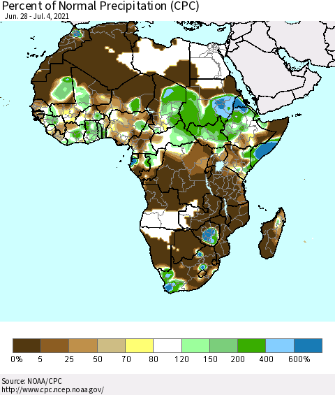 Africa Percent of Normal Precipitation (CPC) Thematic Map For 6/28/2021 - 7/4/2021