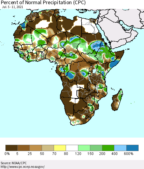 Africa Percent of Normal Precipitation (CPC) Thematic Map For 7/5/2021 - 7/11/2021