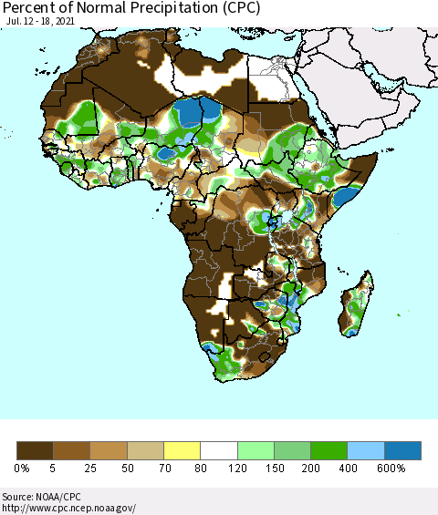 Africa Percent of Normal Precipitation (CPC) Thematic Map For 7/12/2021 - 7/18/2021