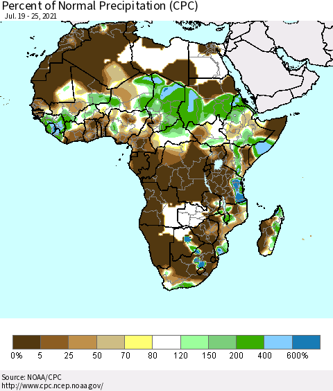 Africa Percent of Normal Precipitation (CPC) Thematic Map For 7/19/2021 - 7/25/2021