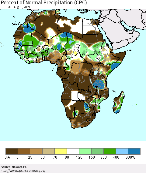 Africa Percent of Normal Precipitation (CPC) Thematic Map For 7/26/2021 - 8/1/2021