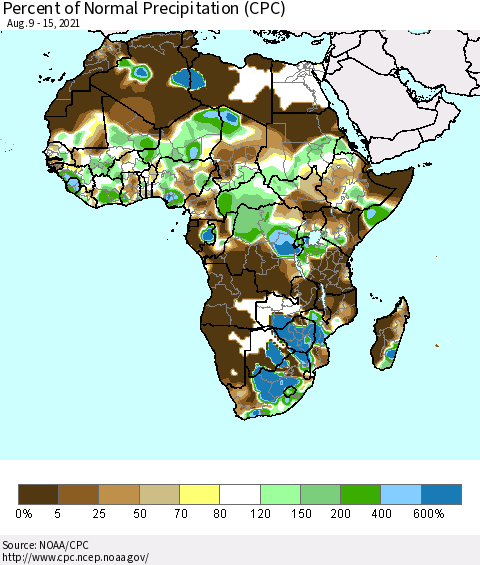 Africa Percent of Normal Precipitation (CPC) Thematic Map For 8/9/2021 - 8/15/2021