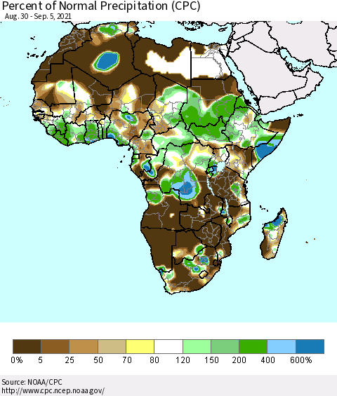Africa Percent of Normal Precipitation (CPC) Thematic Map For 8/30/2021 - 9/5/2021