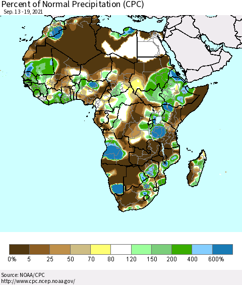Africa Percent of Normal Precipitation (CPC) Thematic Map For 9/13/2021 - 9/19/2021