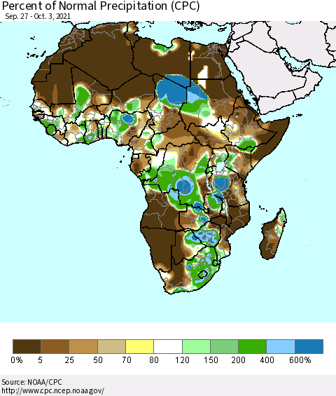 Africa Percent of Normal Precipitation (CPC) Thematic Map For 9/27/2021 - 10/3/2021