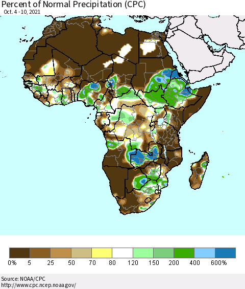 Africa Percent of Normal Precipitation (CPC) Thematic Map For 10/4/2021 - 10/10/2021
