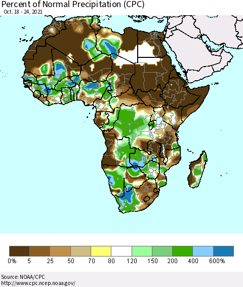 Africa Percent of Normal Precipitation (CPC) Thematic Map For 10/18/2021 - 10/24/2021