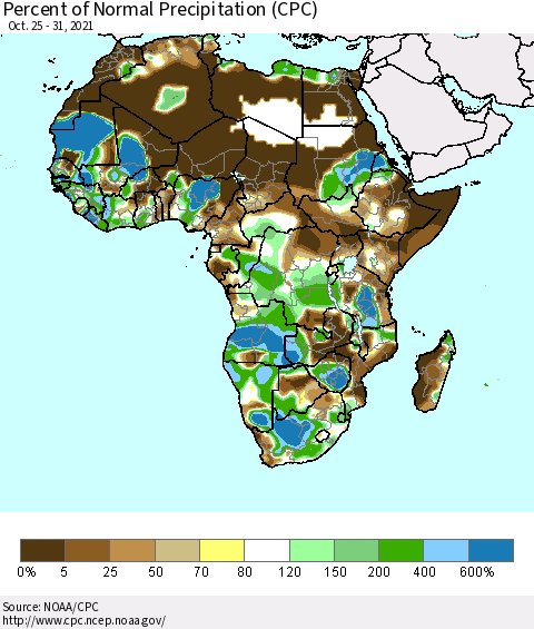 Africa Percent of Normal Precipitation (CPC) Thematic Map For 10/25/2021 - 10/31/2021