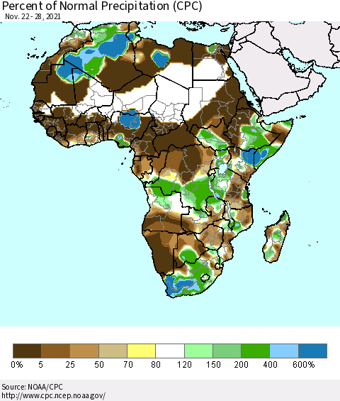 Africa Percent of Normal Precipitation (CPC) Thematic Map For 11/22/2021 - 11/28/2021