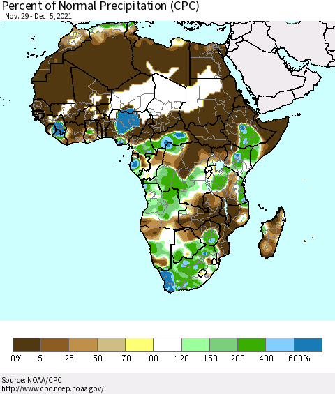 Africa Percent of Normal Precipitation (CPC) Thematic Map For 11/29/2021 - 12/5/2021