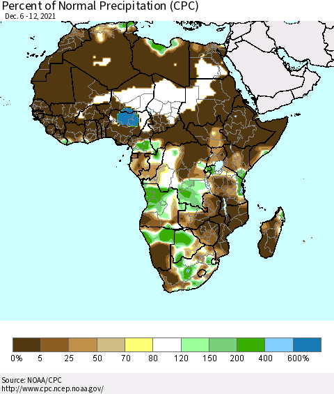 Africa Percent of Normal Precipitation (CPC) Thematic Map For 12/6/2021 - 12/12/2021