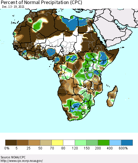 Africa Percent of Normal Precipitation (CPC) Thematic Map For 12/13/2021 - 12/19/2021