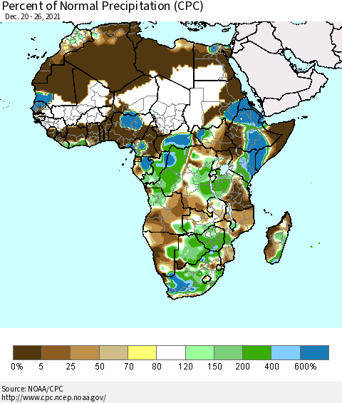 Africa Percent of Normal Precipitation (CPC) Thematic Map For 12/20/2021 - 12/26/2021
