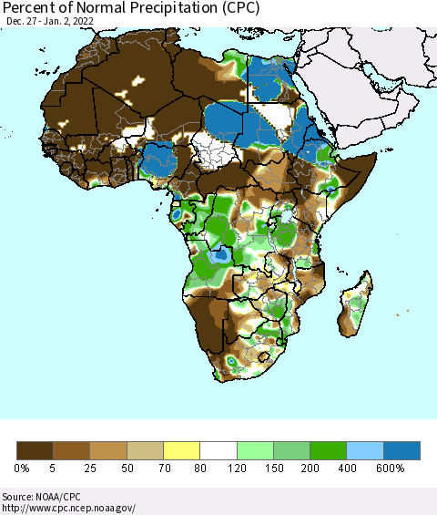 Africa Percent of Normal Precipitation (CPC) Thematic Map For 12/27/2021 - 1/2/2022