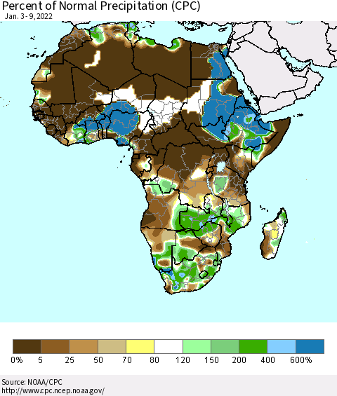 Africa Percent of Normal Precipitation (CPC) Thematic Map For 1/3/2022 - 1/9/2022