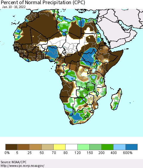 Africa Percent of Normal Precipitation (CPC) Thematic Map For 1/10/2022 - 1/16/2022