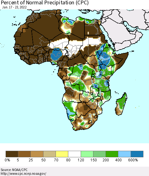 Africa Percent of Normal Precipitation (CPC) Thematic Map For 1/17/2022 - 1/23/2022
