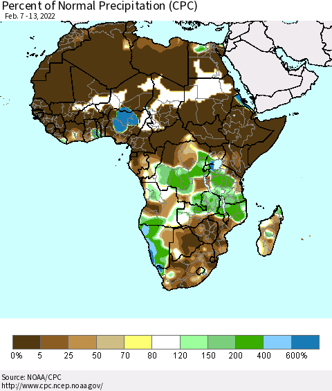 Africa Percent of Normal Precipitation (CPC) Thematic Map For 2/7/2022 - 2/13/2022