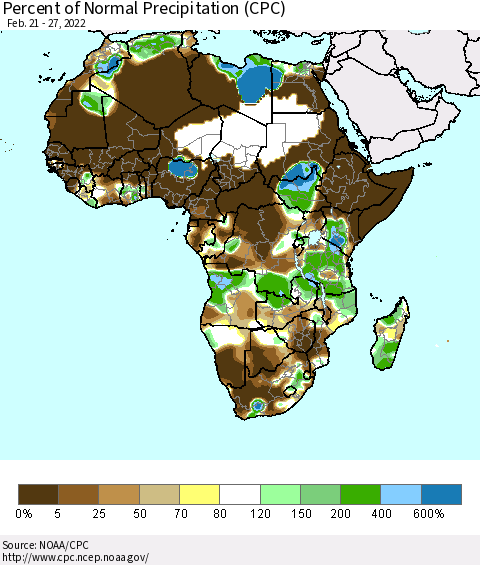 Africa Percent of Normal Precipitation (CPC) Thematic Map For 2/21/2022 - 2/27/2022
