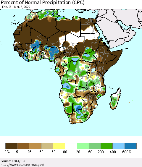 Africa Percent of Normal Precipitation (CPC) Thematic Map For 2/28/2022 - 3/6/2022