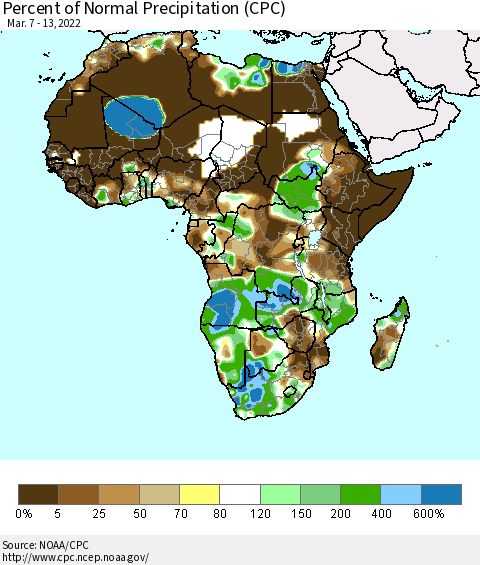 Africa Percent of Normal Precipitation (CPC) Thematic Map For 3/7/2022 - 3/13/2022