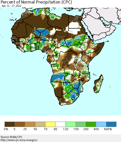 Africa Percent of Normal Precipitation (CPC) Thematic Map For 4/11/2022 - 4/17/2022